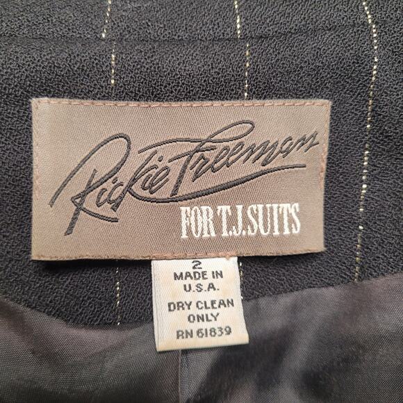 VTG Rickie Freeman Teri John Blazer Jacket 2 Black Wool Pinstripes Gold Longline - Picture 8 of 16